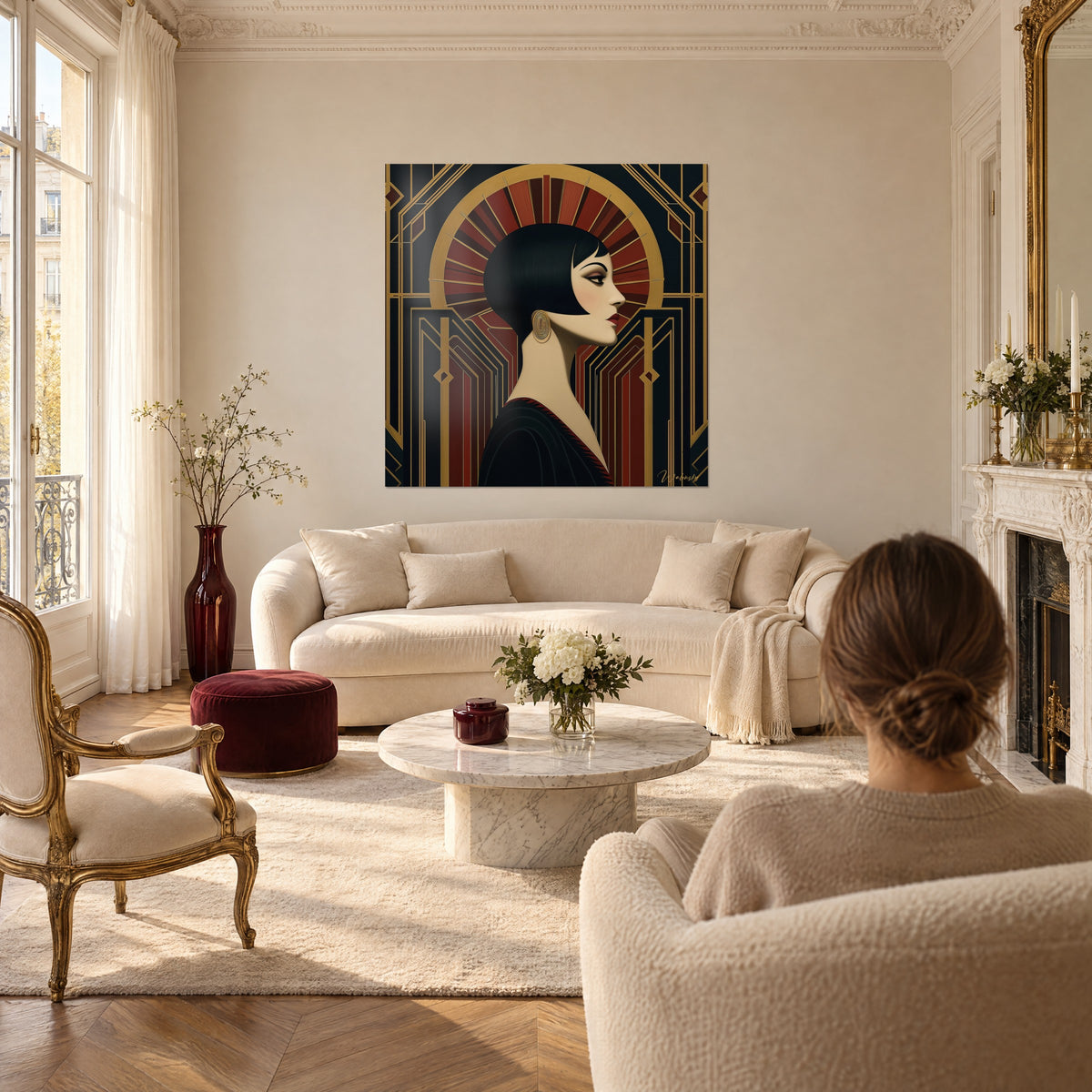 Quadro profilo di donna con quadrato nero, ventaglio rosso mattone e aureola dorata, sopra un divano in un soggiorno luminoso