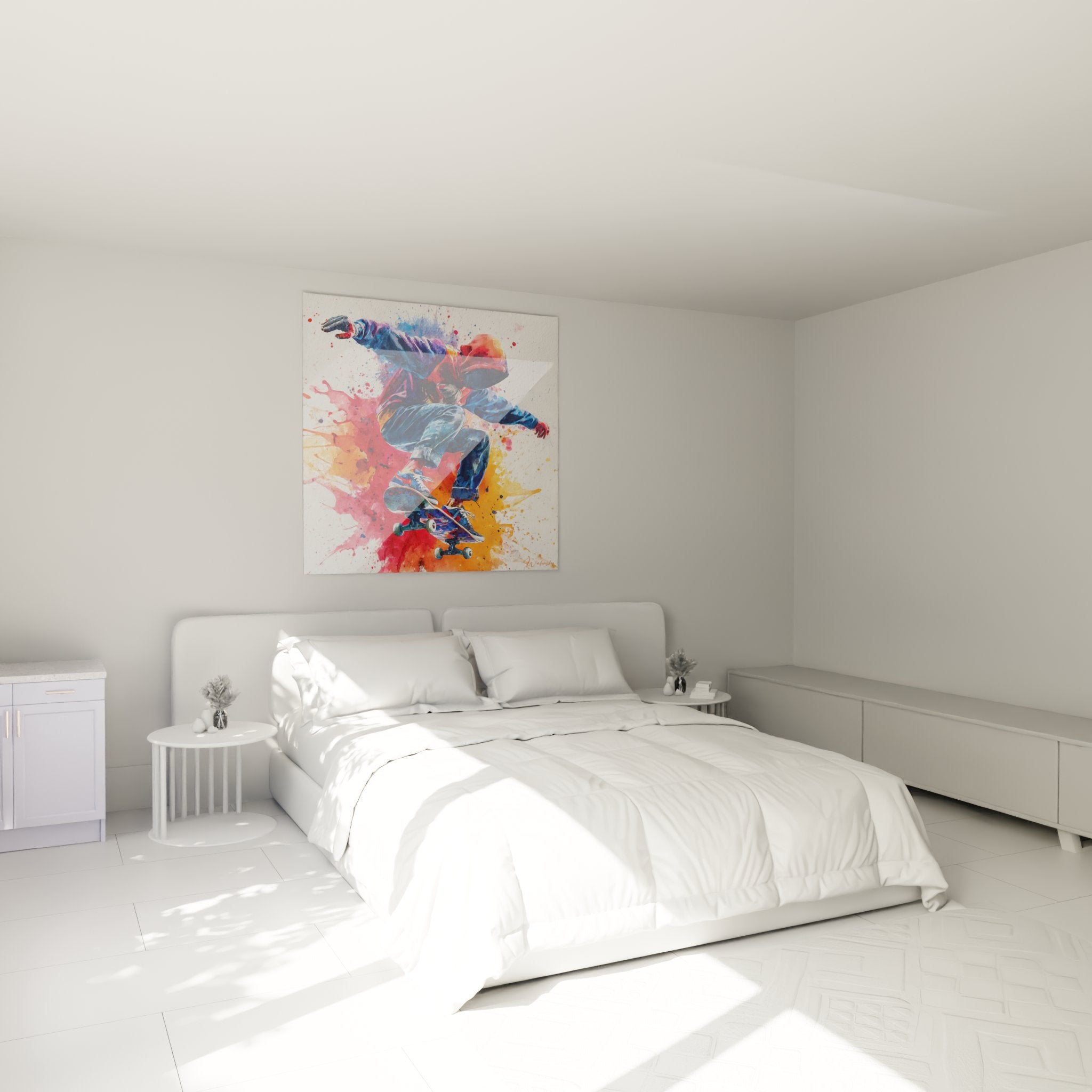 Decoration murale skateboard dans chambre moderne tableau skateur explosion couleurs art urbain contemporain