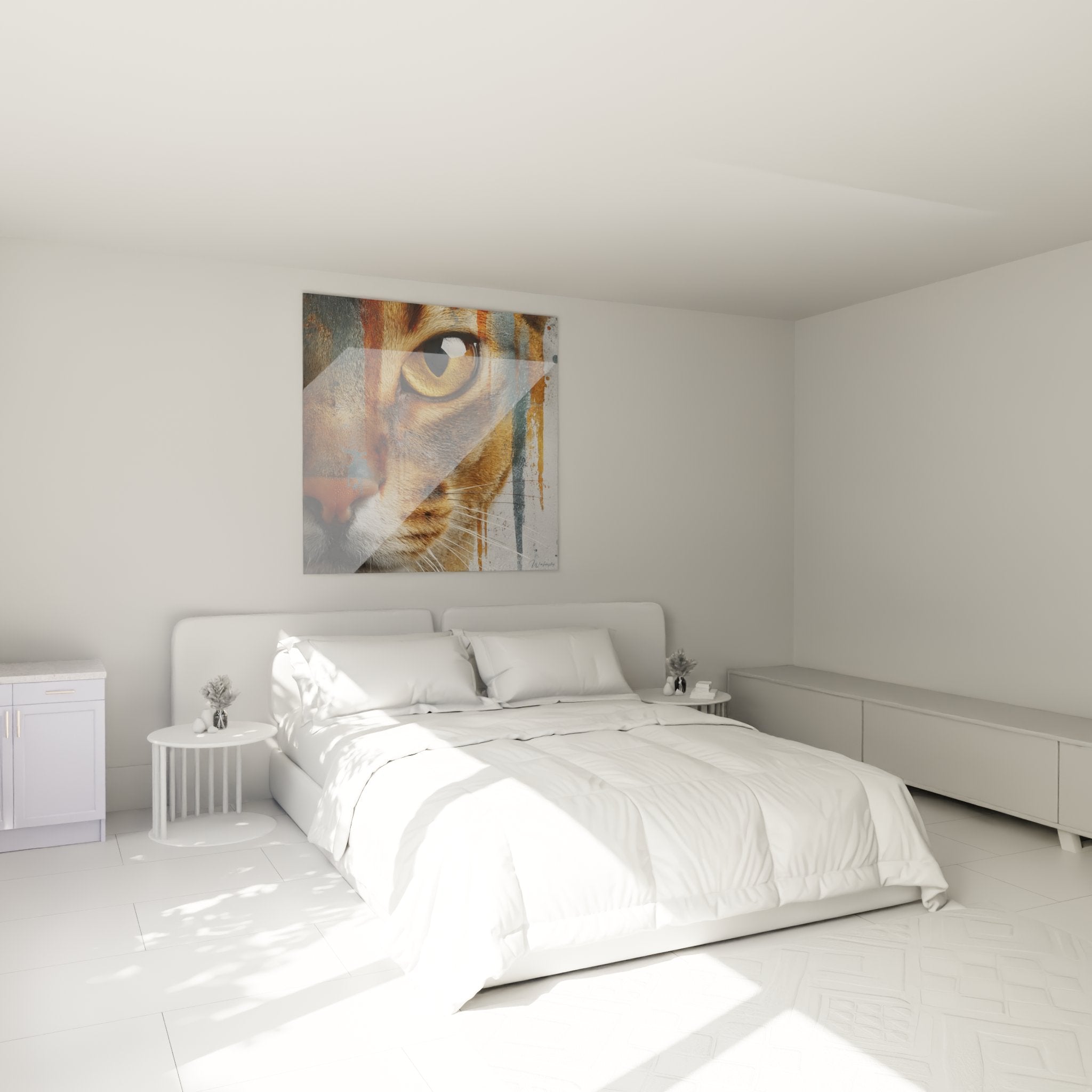Tableau œil chat Abyssin doré décorant chambre moderne avec style artistique contemporain