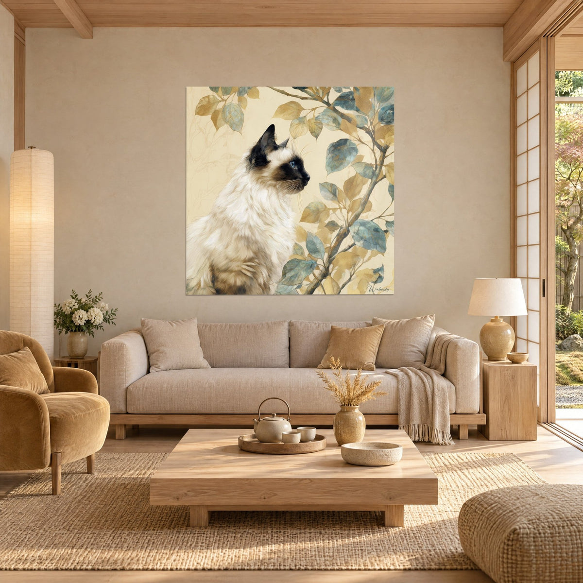 Schilderij Birmese kat met bruin masker en blauwe ogen tussen gouden en grijsgroene bladeren, boven een bank in een lichte woonkamer