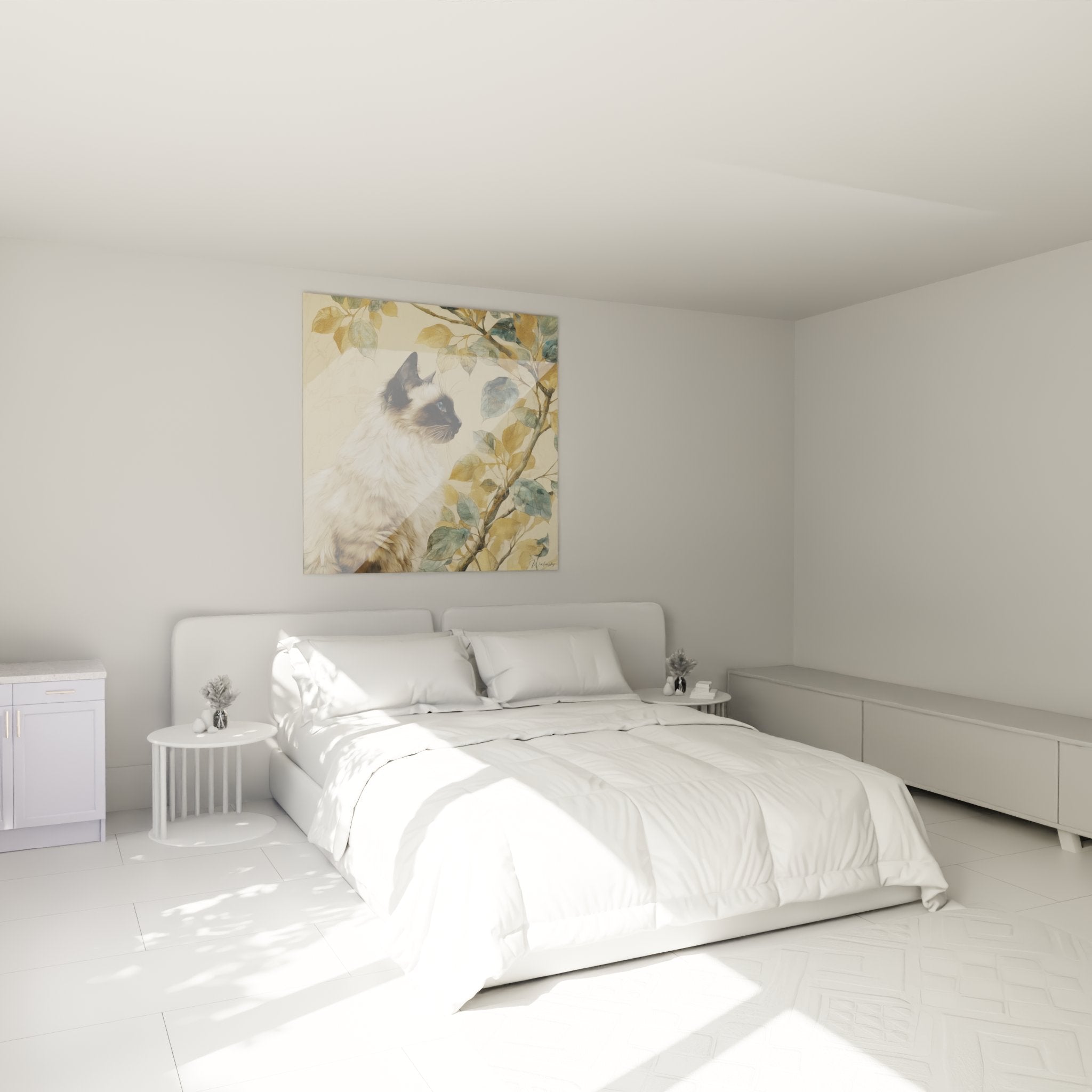 Quadro gatto birmano occhi blu che decora una camera moderna con mobili in legno naturale