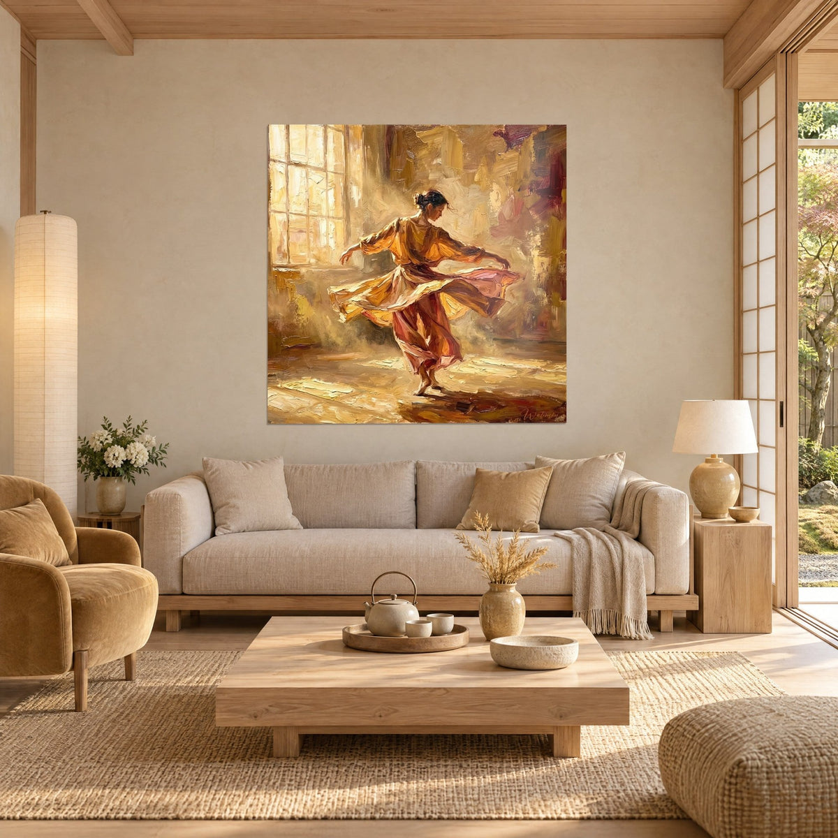 Cuadro bailaora de flamenco con vestido ocre arremolinado, ventana dorada, rosa empolvado, encima del sofá en un salón luminoso