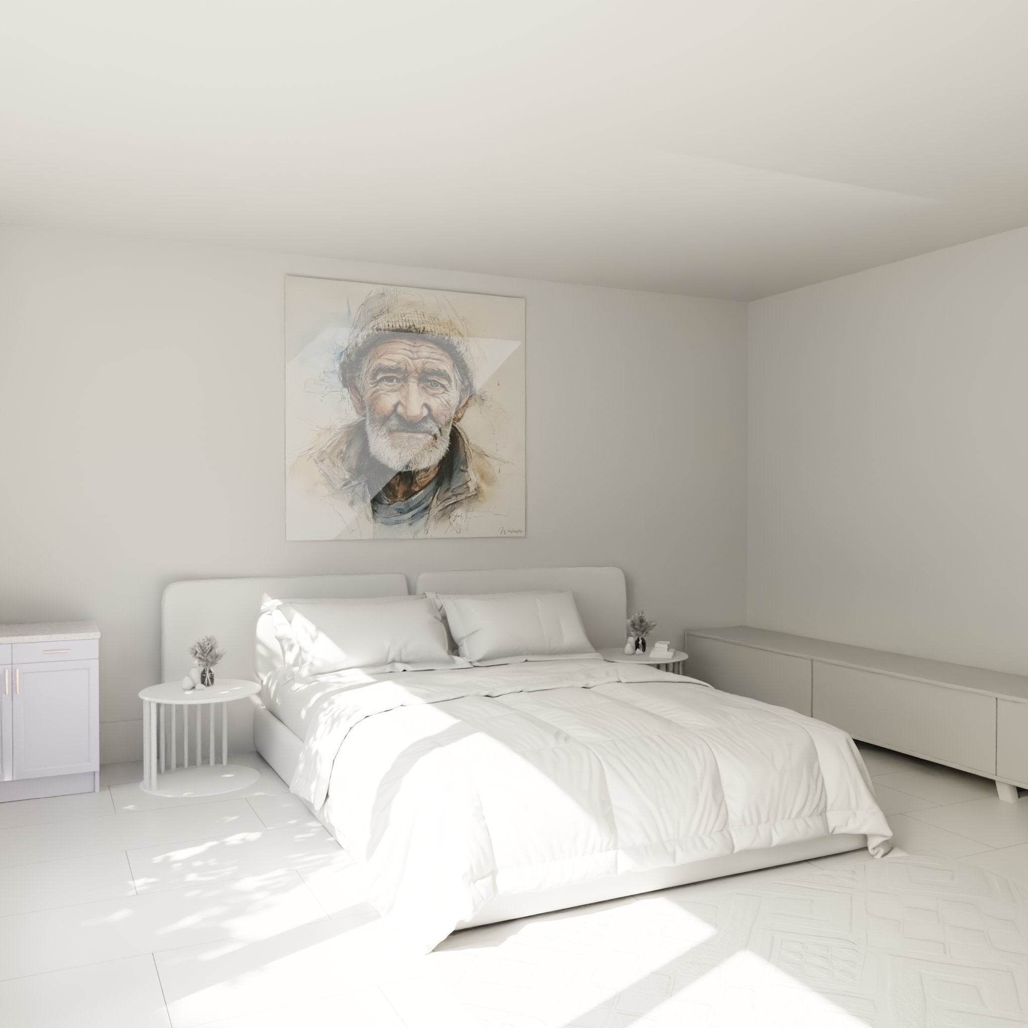 Tableau portrait berger corse accroché dans chambre, décoration murale authentique style méditerranéen