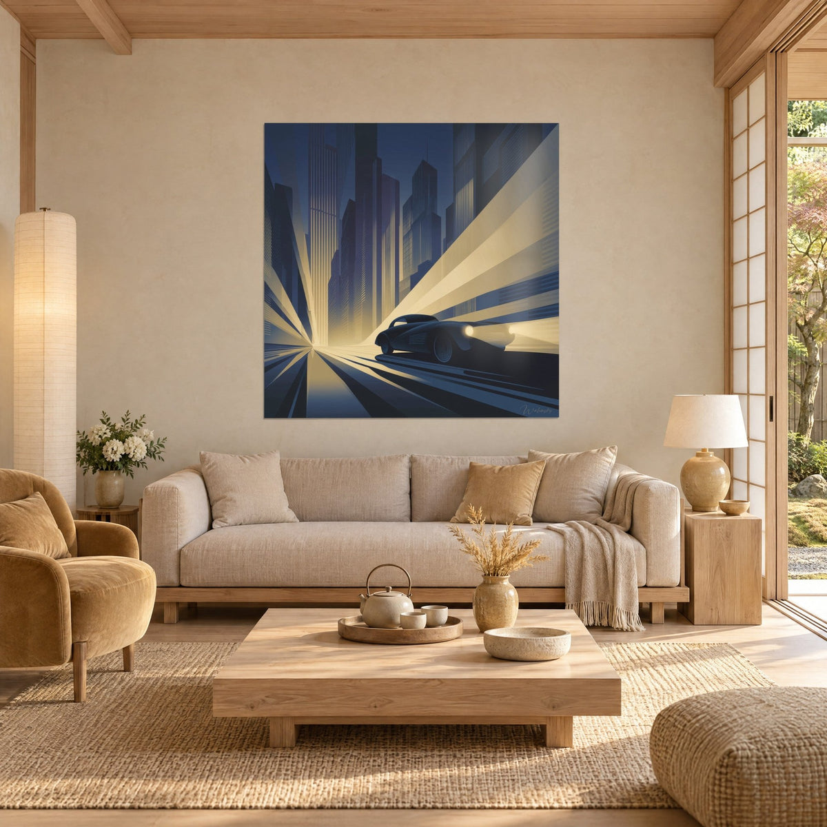 Gemälde Art-déco-Stromlinienauto mit Lichtstrahlen zwischen indigoblauen Wolkenkratzern, bernsteinfarbene Scheinwerfer und goldene Lichtbahnen, über einem Sofa in einem hellen Wohnzimmer