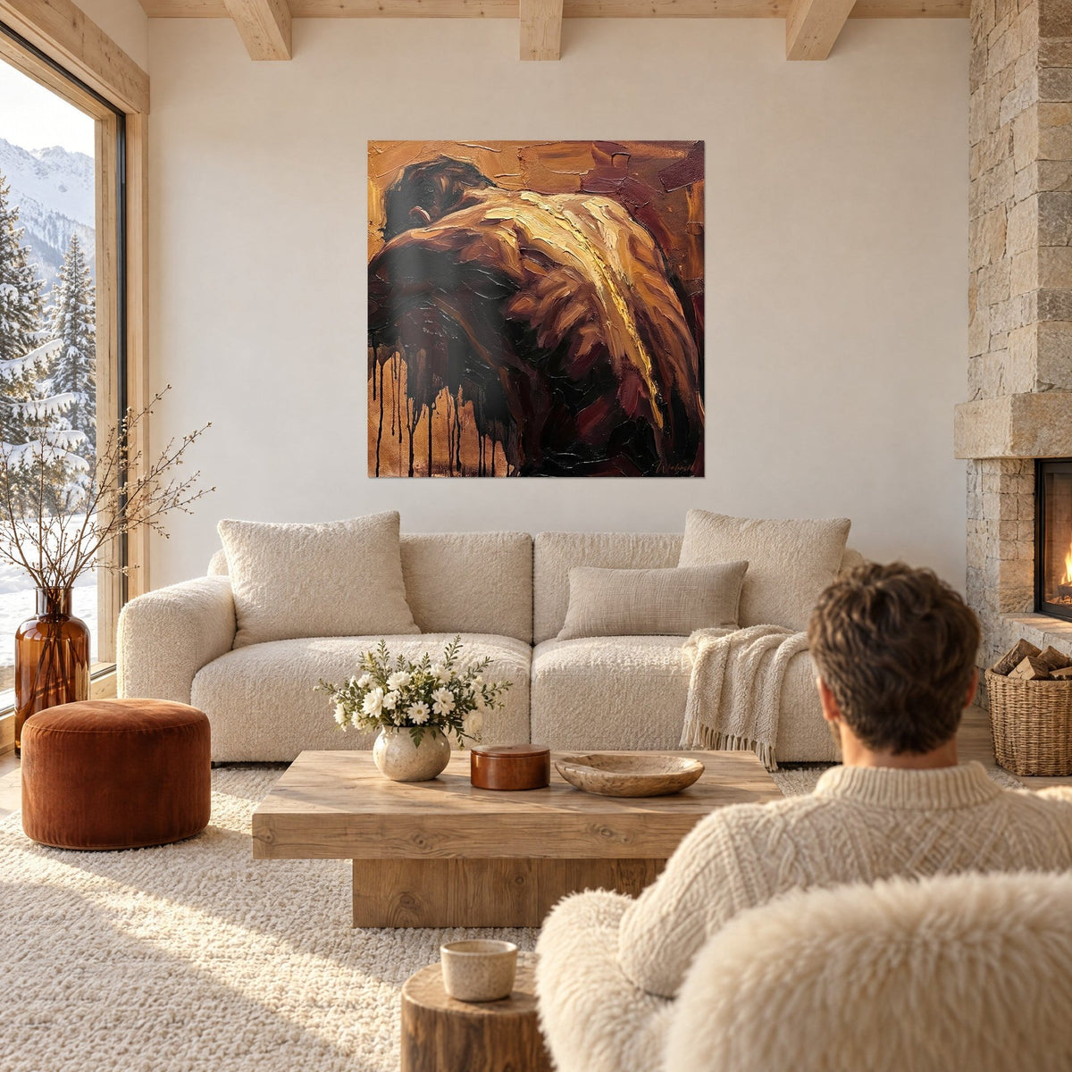 Gemälde eines massiven Athleten von hinten, Bronze und Bordeaux, dunkle Läufer, Person von hinten, über einem Sofa in einem hellen Wohnzimmer