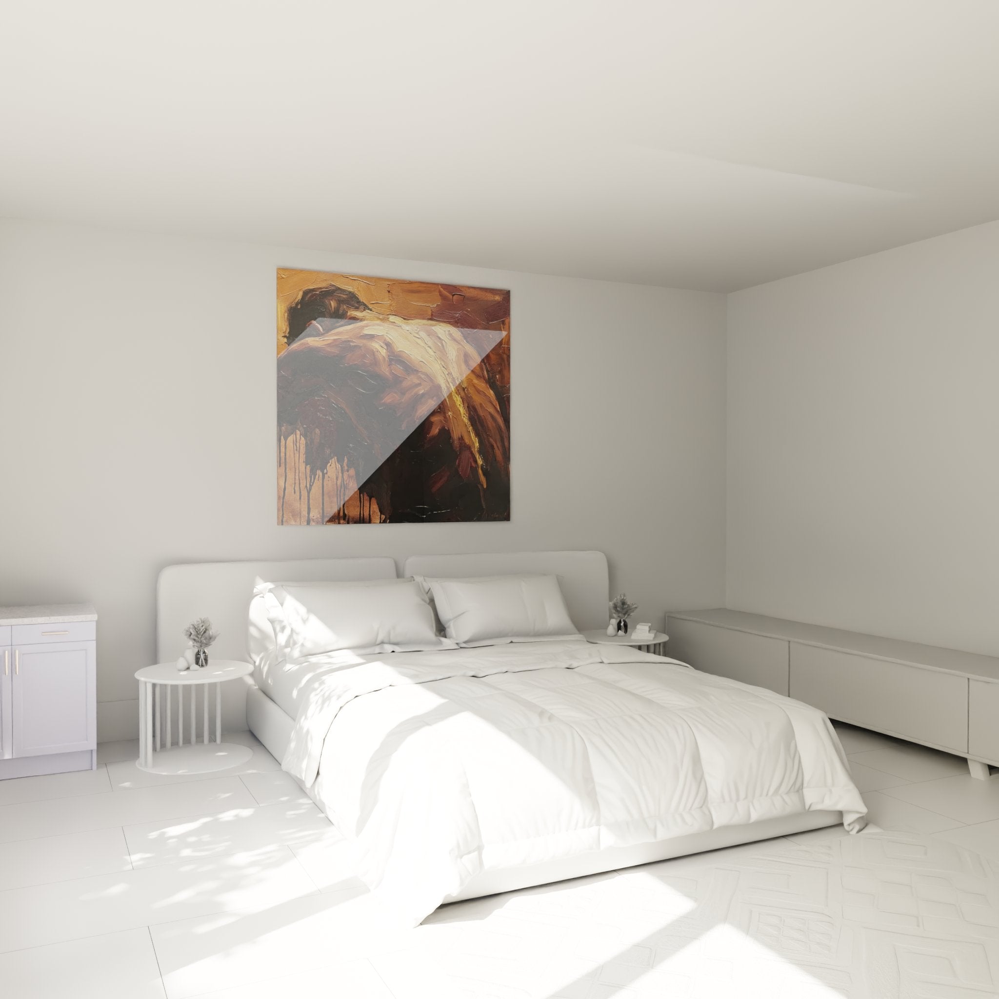 Tableau force brute installé dans chambre moderne avec éclairage tamisé et décoration minimaliste