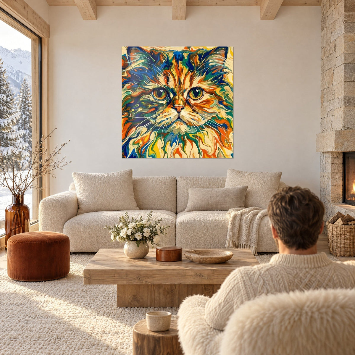 Gemälde Perserkatze mit bernsteinfarbenen Augen, wirbelndes Fell in Kobaltblau und Orange, über einem Sofa in einem hellen Wohnzimmer