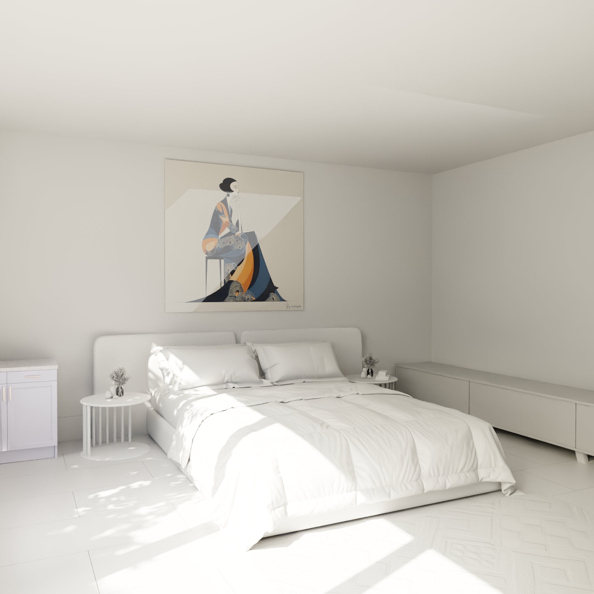 Wanddekoration Art-Deco japanische Frau im modernen Schlafzimmer mit geometrischem Kimono-Muster