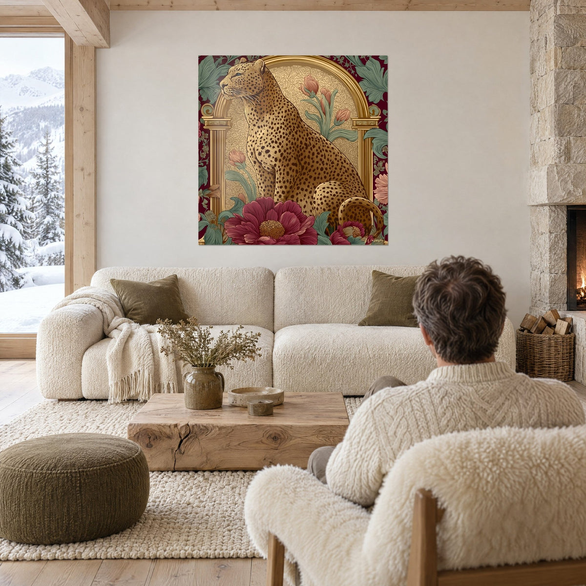Tableau léopard tacheté assis sous une arche dorée, pivoines bordeaux, deux personnes de dos au-dessus d'un canapé dans un salon lumineux
