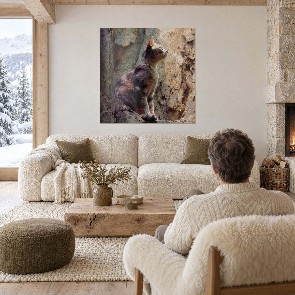 Tableau chat sokoke tigré, museau levé, pelage mauve et sable sur écorce rugueuse, au-dessus d'un canapé dans un salon lumineux