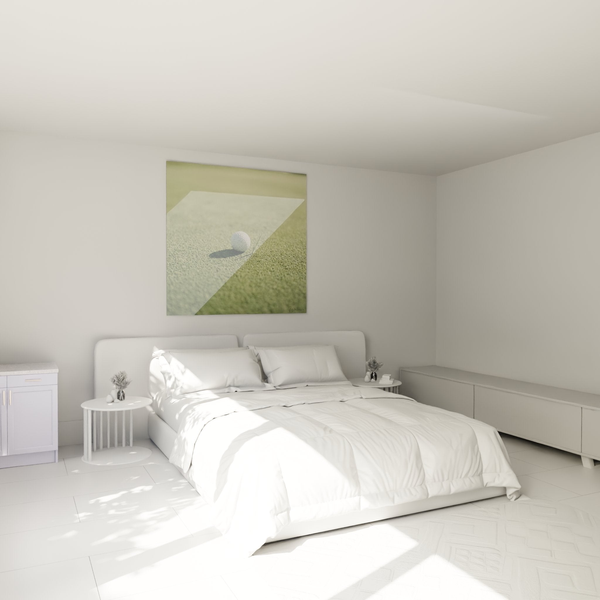 Tableau golf balle sur green exposé dans chambre moderne - décoration murale élégante pour passionné golf