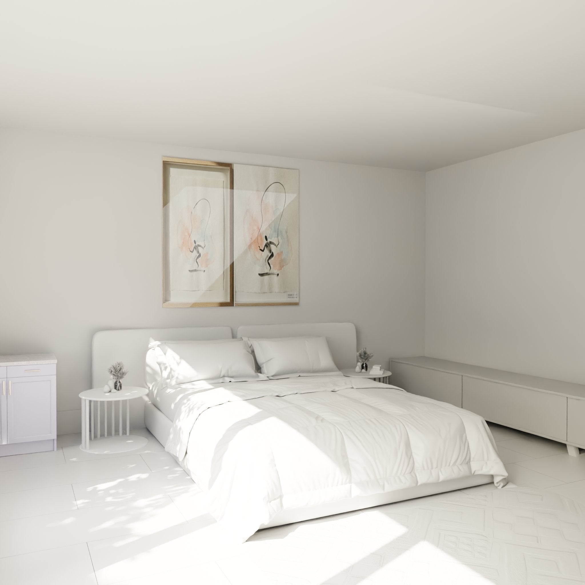 Décoration murale tableau corde à sauter aquarelle dans chambre moderne aux tons pastel