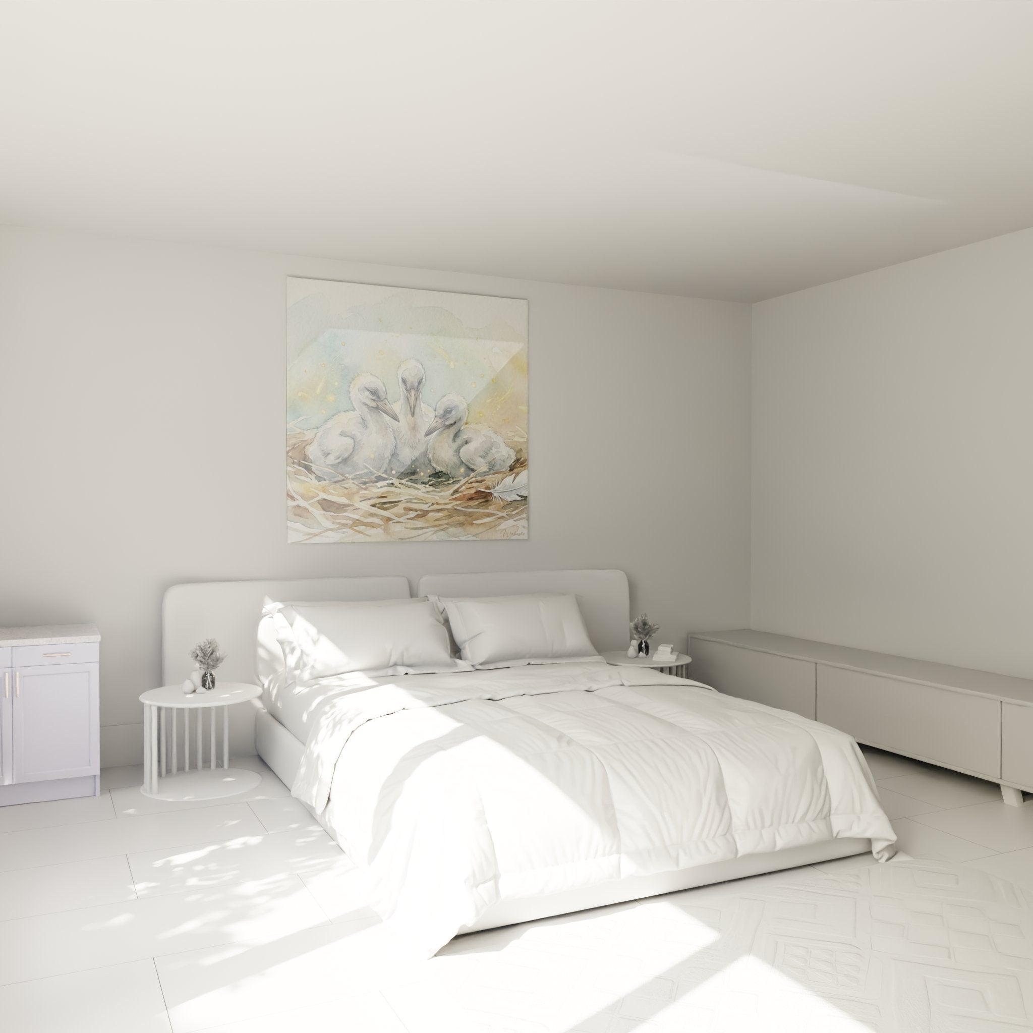 Decoration murale cigogneaux aquarelle dans chambre moderne, ambiance zen et naturelle pour interieur