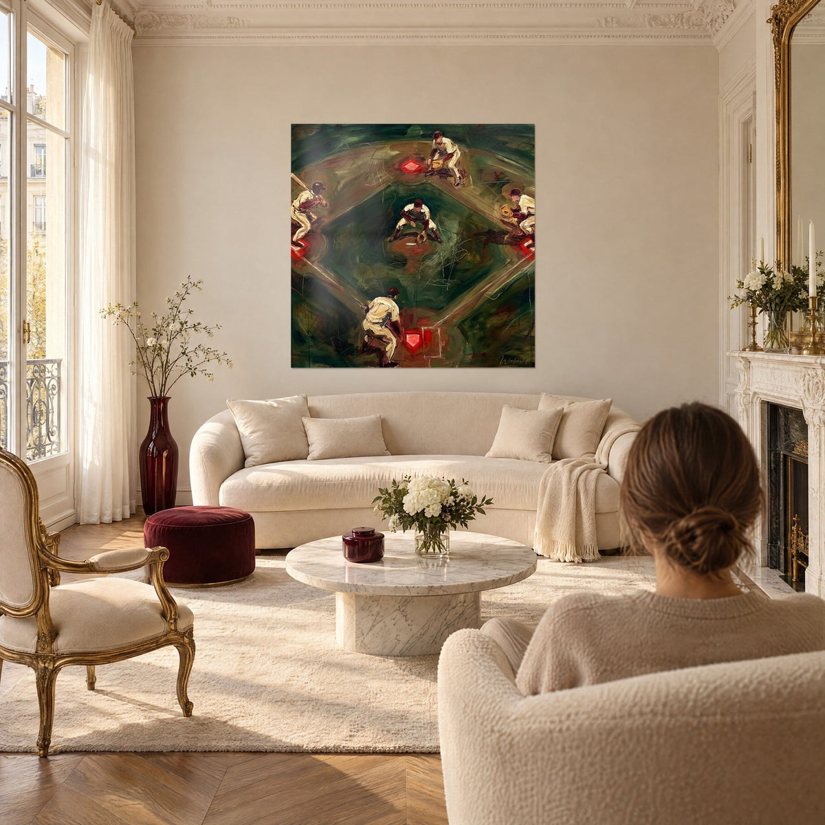 Gemälde Baseballfeld aus der Vogelperspektive, beige und bordeauxrote Spieler auf grünem Rasen, über einem Sofa in einem hellen Wohnzimmer