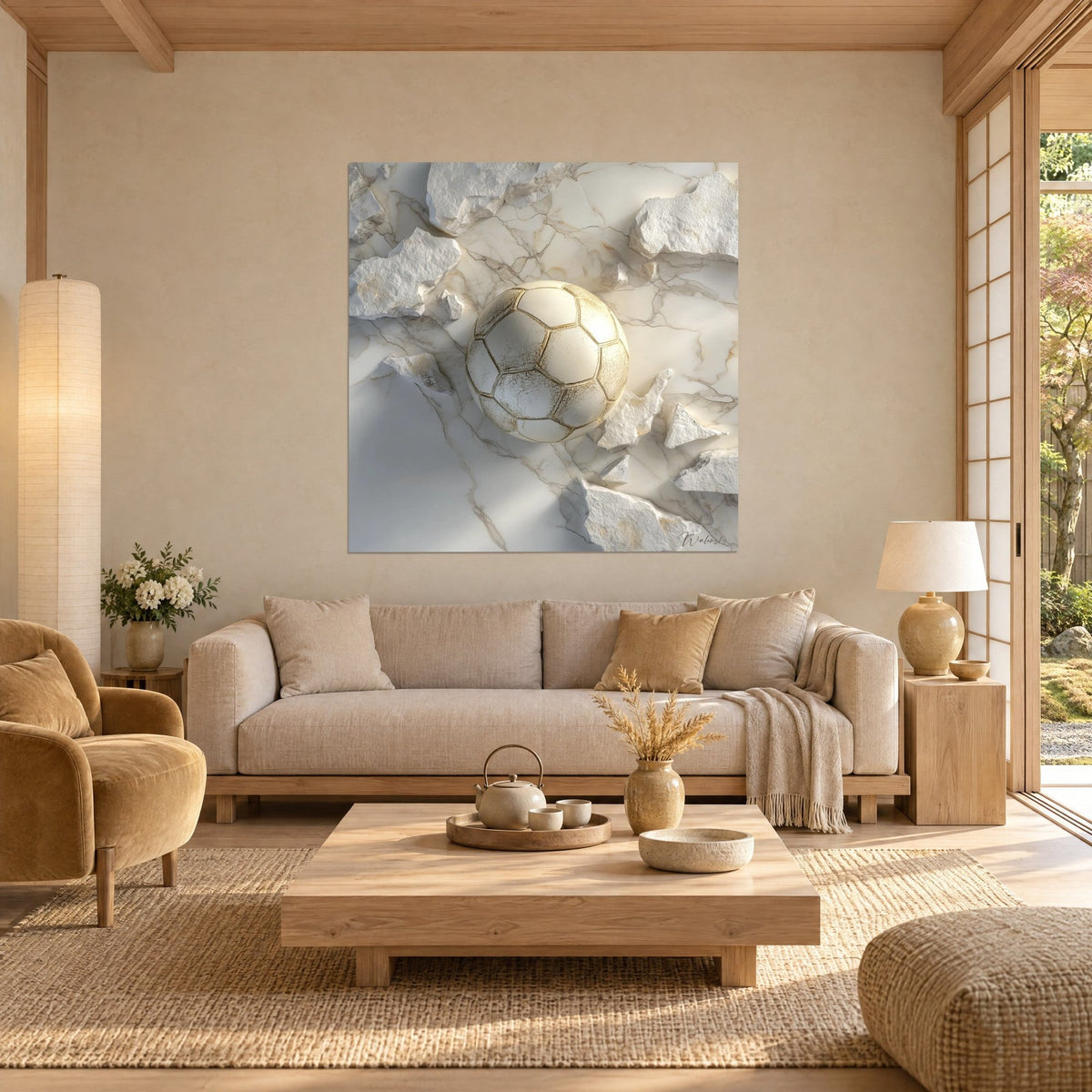 Tableau ballon de football crème fendillé niché dans des éclats de marbre blanc veiné d'or, au-dessus d'un canapé dans un salon lumineux