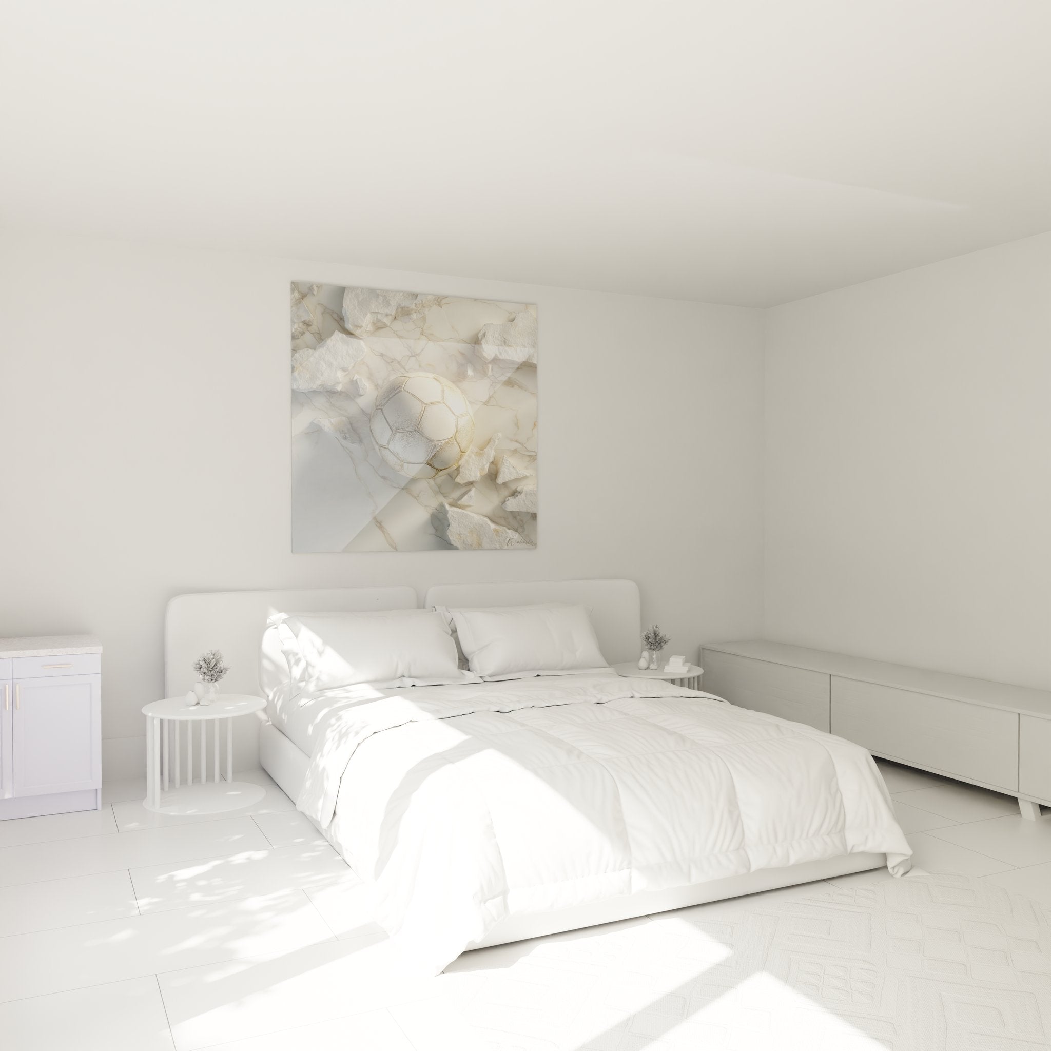 Tableau football ballon doré installé dans chambre moderne, décoration murale sportive élégante