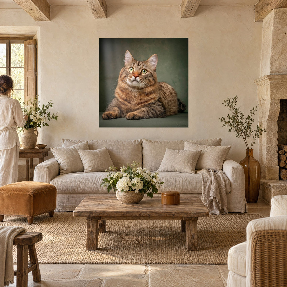 Tableau chat tigré aux yeux verts allongé sur fond vert sauge, deux personnes de dos, au-dessus d'un canapé dans un salon lumineux