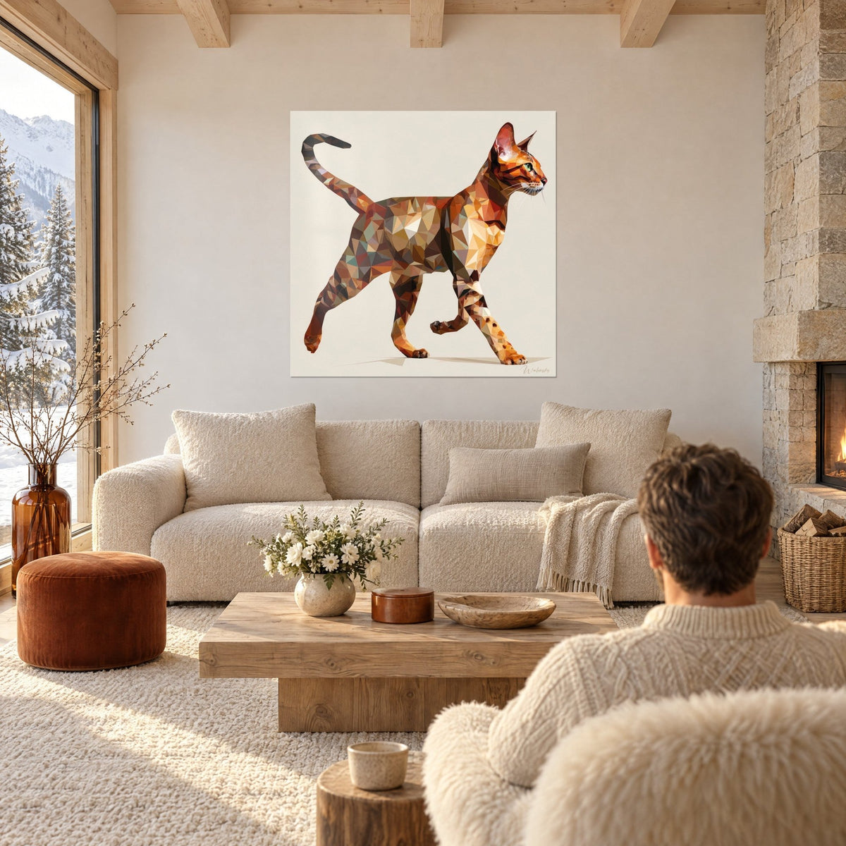 Quadro gatto felino in sfaccettature rame e beige, zampa anteriore sollevata, sopra un divano in un soggiorno luminoso