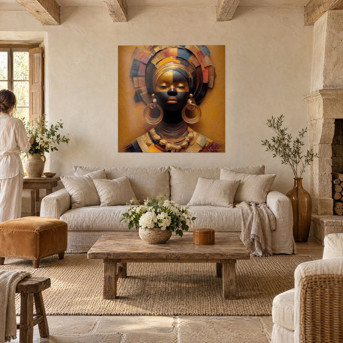 Cuadro mujer africana con párpados cerrados, turbante en abanico ocre y azul, grandes aros dorados, encima de un sofá en un salón luminoso