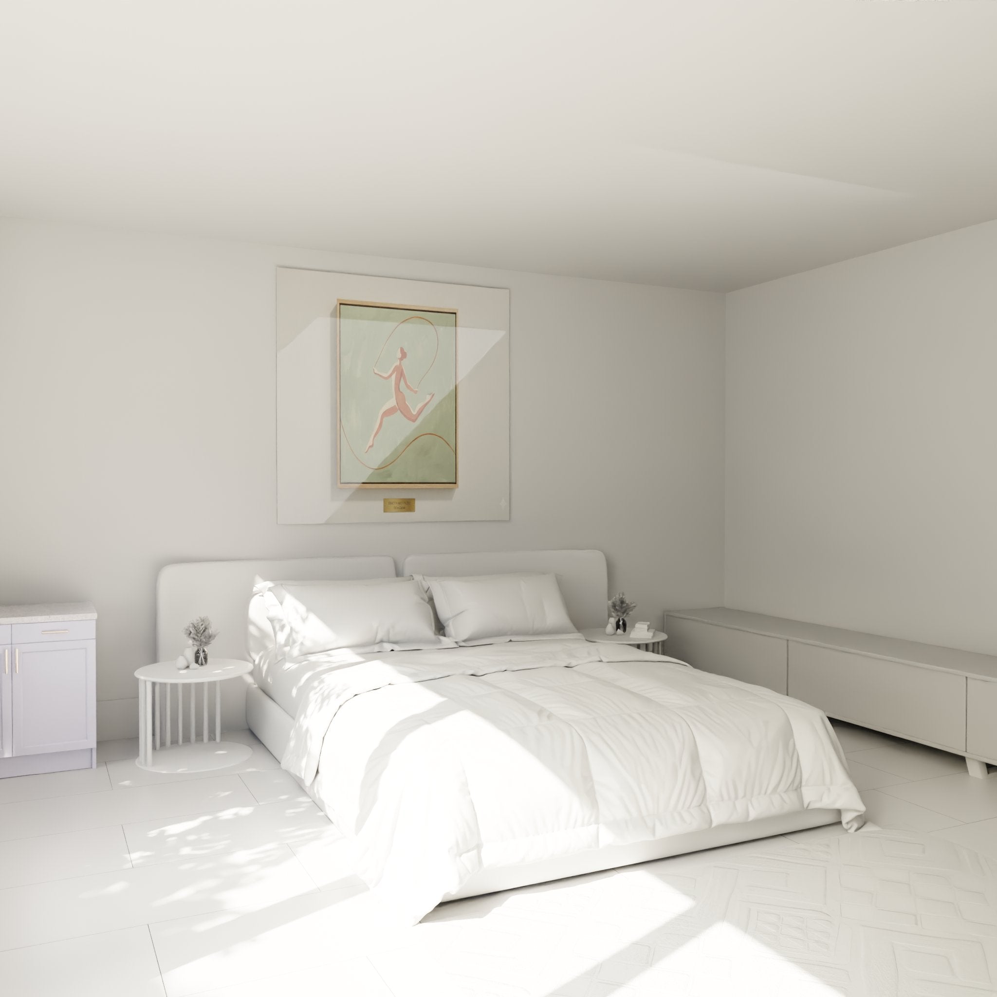 Tableau corde à sauter dans une chambre moderne, art mural sport féminin aux couleurs douces et apaisantes