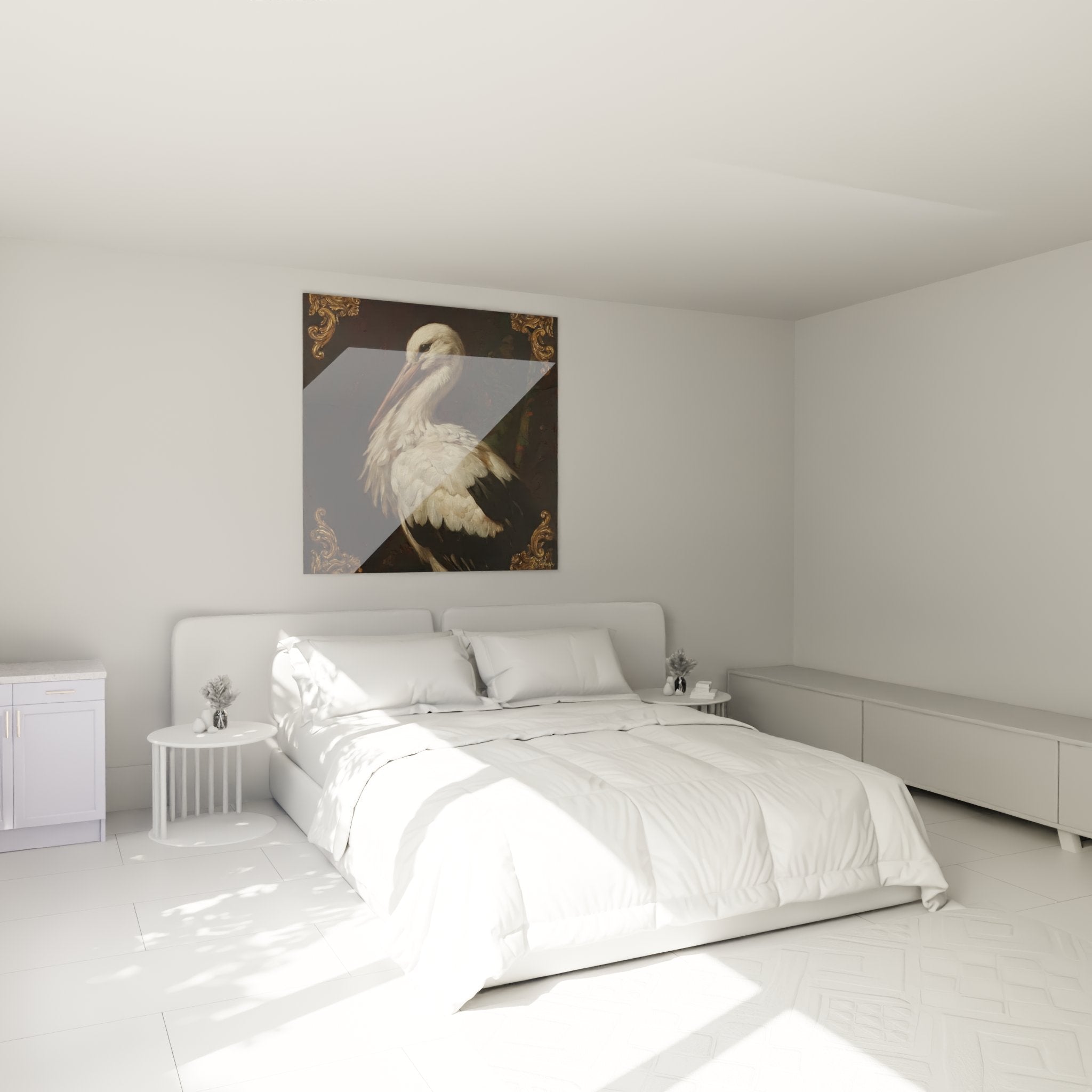 Decoration murale cigogne blanche dans chambre moderne tableau animalier elegant cadre dore