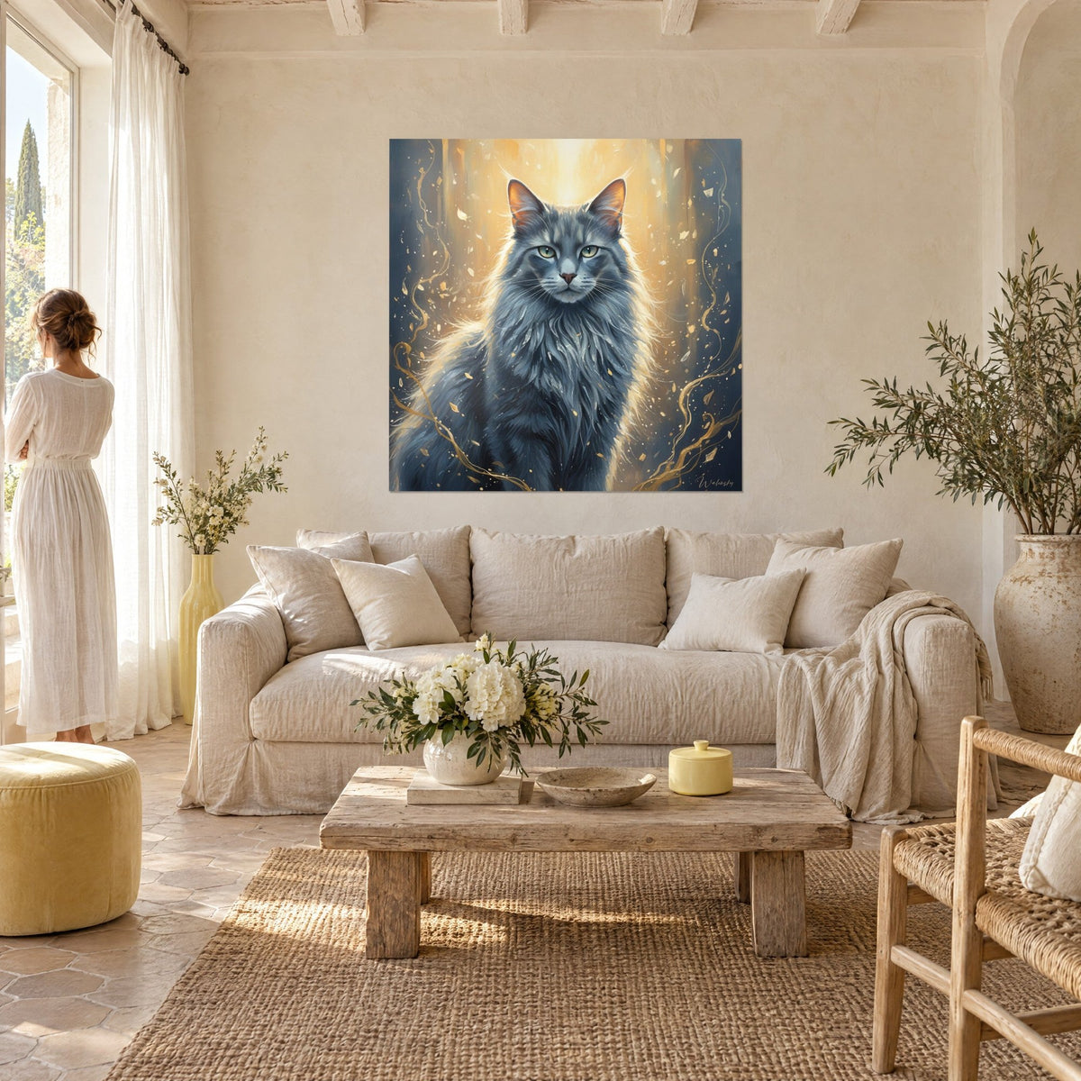 Wall art Nebelung cat with blue-grey coat, pale green eyes and golden halo, above a sofa in a bright living room