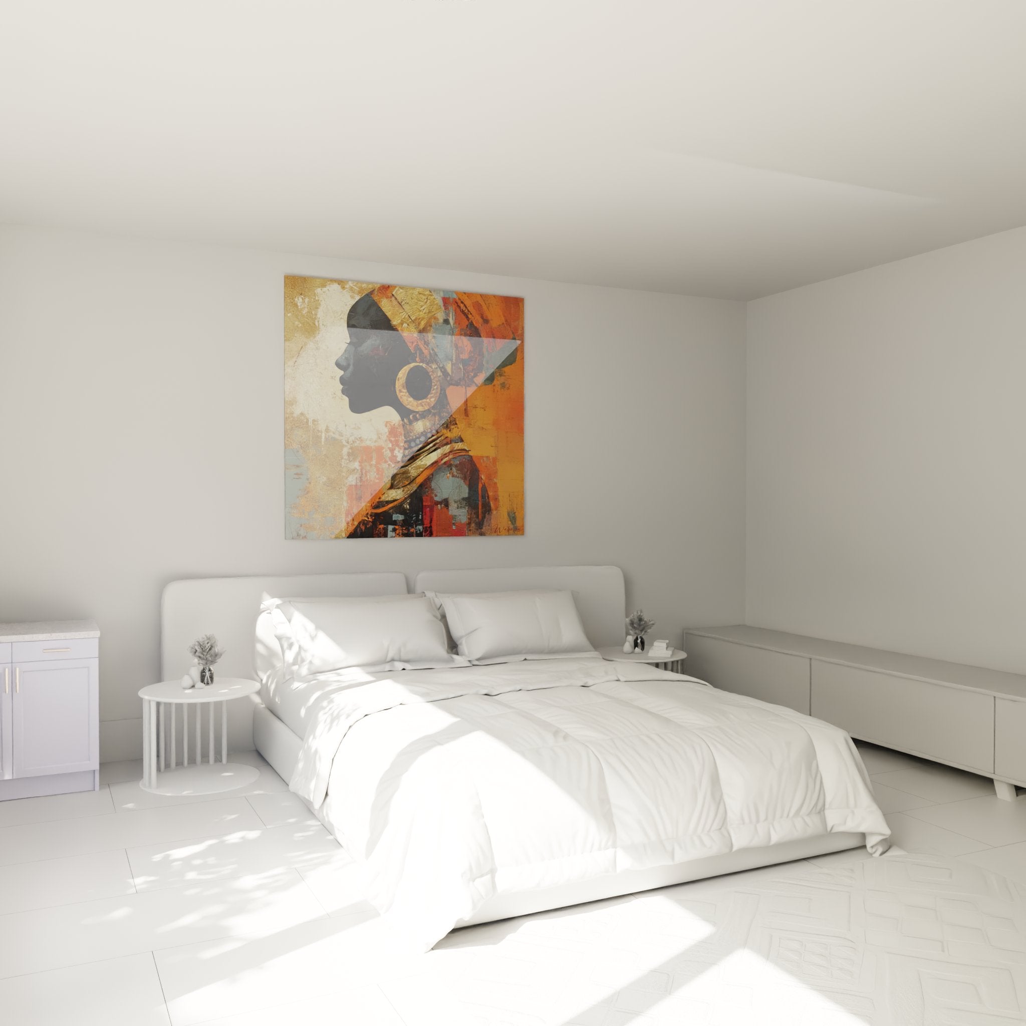 Decorazione camera quadro profilo africano toni caldi dorati arancioni atmosfera etnica chic