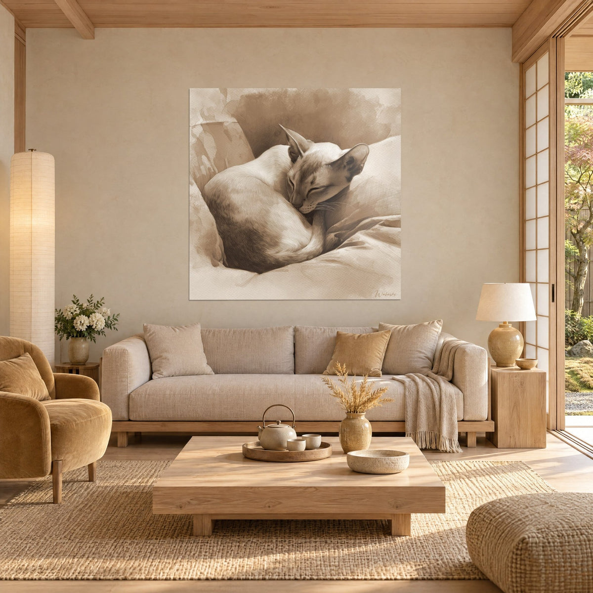Tableau chat Singapura roulé en boule, crème et brun sépia, oreilles dressées, au-dessus d'un canapé dans un salon lumineux