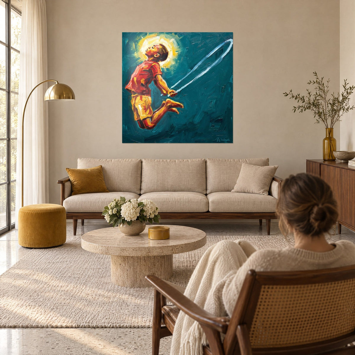 Wall art boy jumping rope, sunny yellow halo on teal blue background, thick brushstrokes, above a sofa in a bright living room