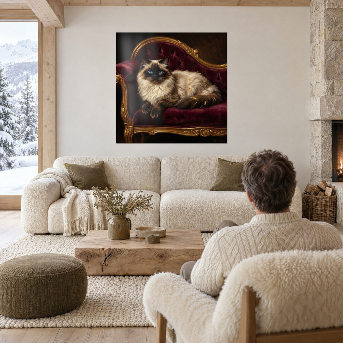 Tableau chat himalayan aux yeux bleus couché sur un fauteuil baroque bordeaux et or, regardé de dos, au-dessus d'un canapé dans un salon lumineux