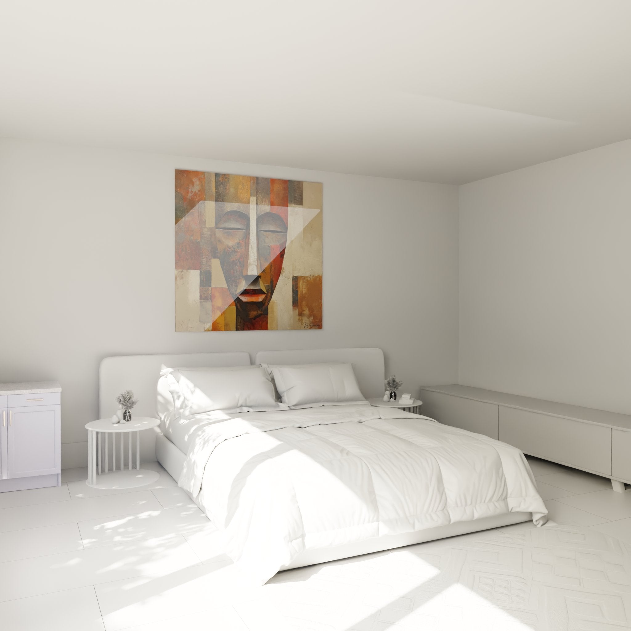 Decoration chambre tableau masque africain style cubiste tons chauds ocre orange art tribal moderne