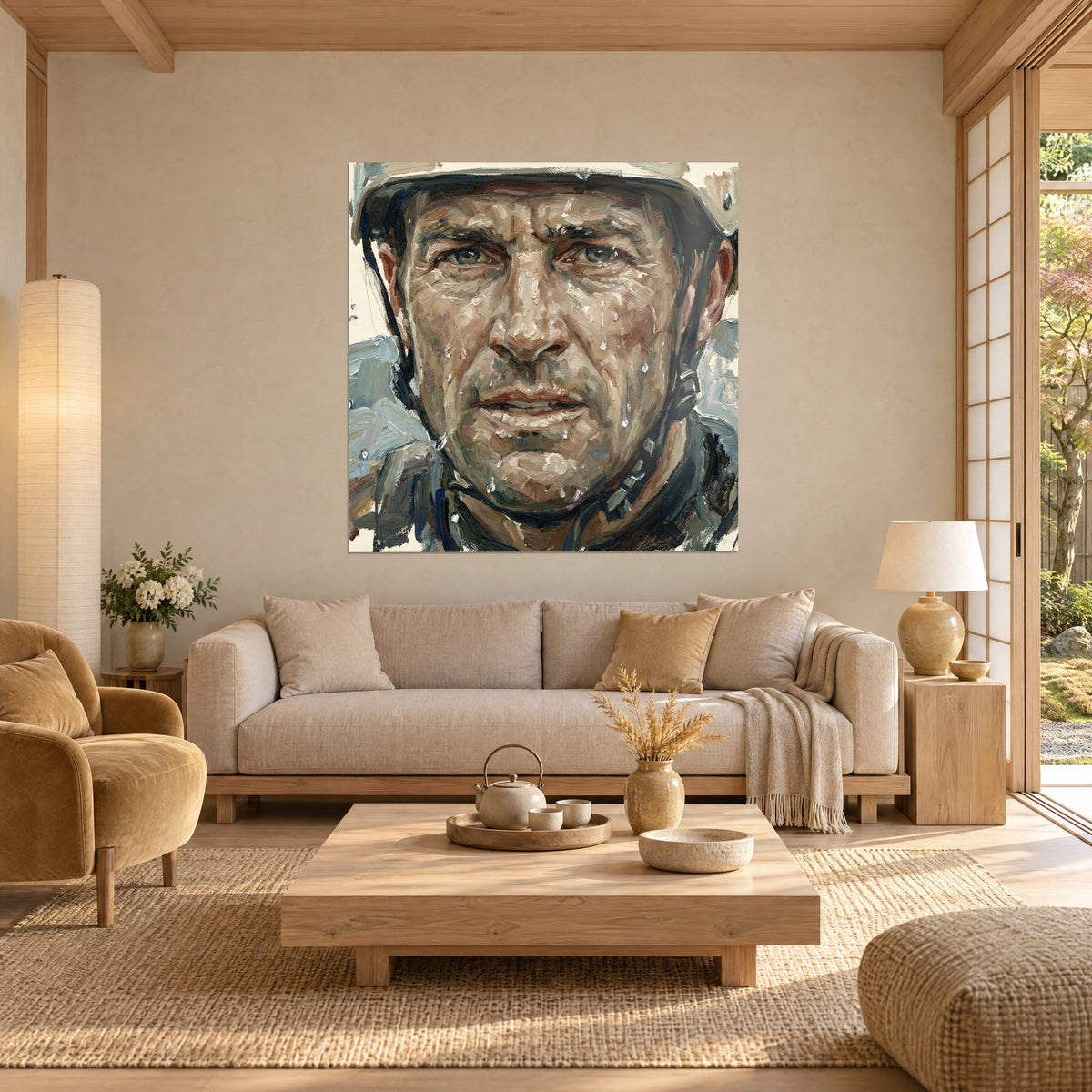 Tableau visage de rafteur casqué ruisselant de gouttes, peau ocre et casque blanc cassé, au-dessus d'un canapé dans un salon lumineux