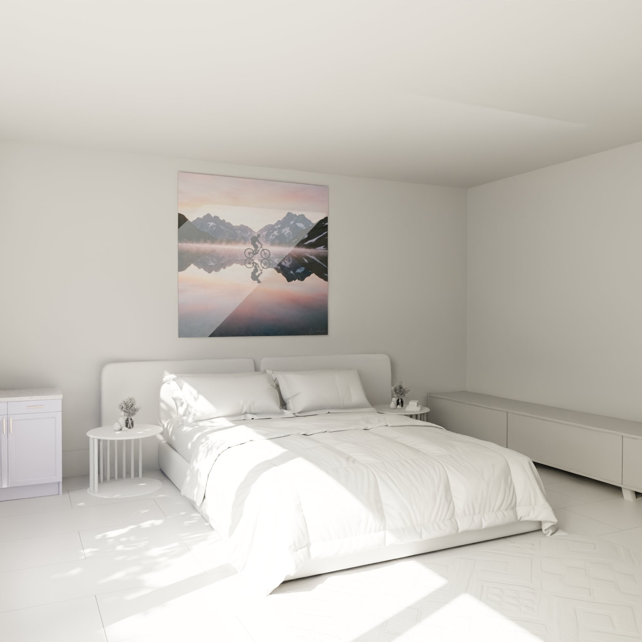 Decoration murale VTT reflet montagne dans chambre moderne cycliste lac alpin coucher soleil ambiance zen