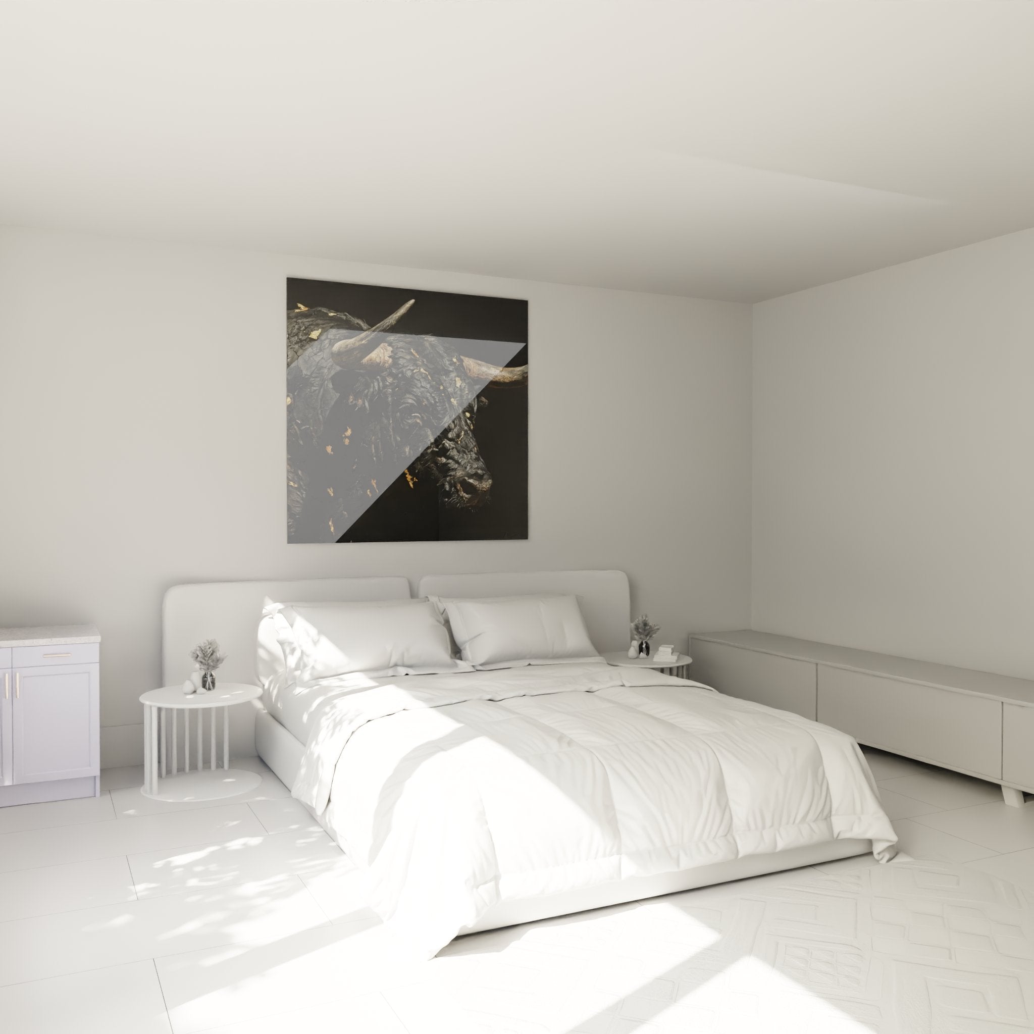 Tableau taureau noir dore dans chambre moderne illustrant integration decoration murale camargaise
