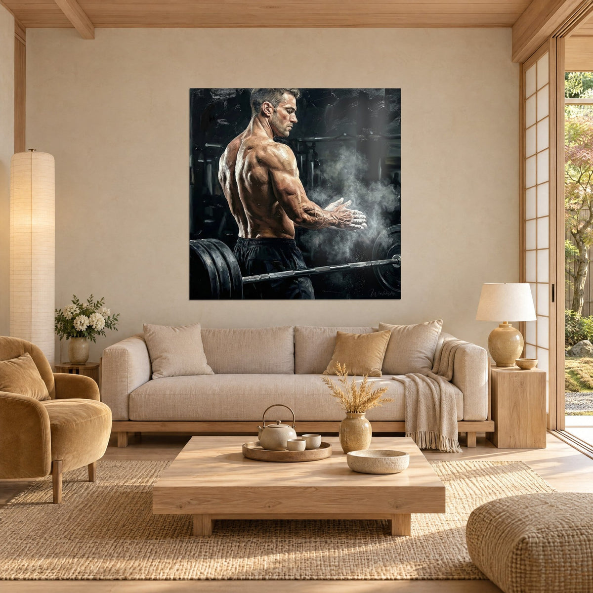 Tableau athlète torse nu saupoudrant ses mains de magnésie, noir charbon et chair ambrée, au-dessus d'un canapé dans un salon lumineux