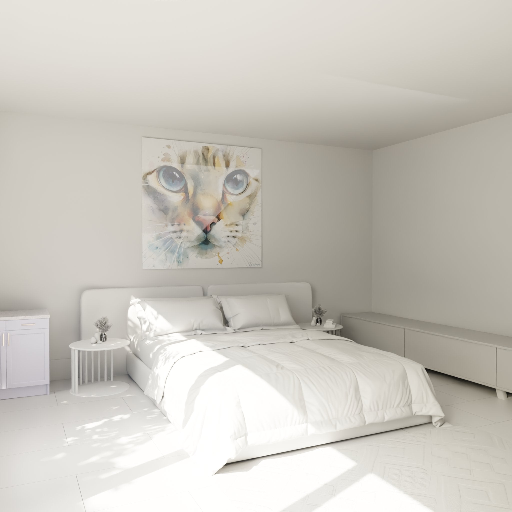 Décoration chambre avec tableau chat aux yeux bleus, ambiance apaisante et élégante pour intérieur moderne