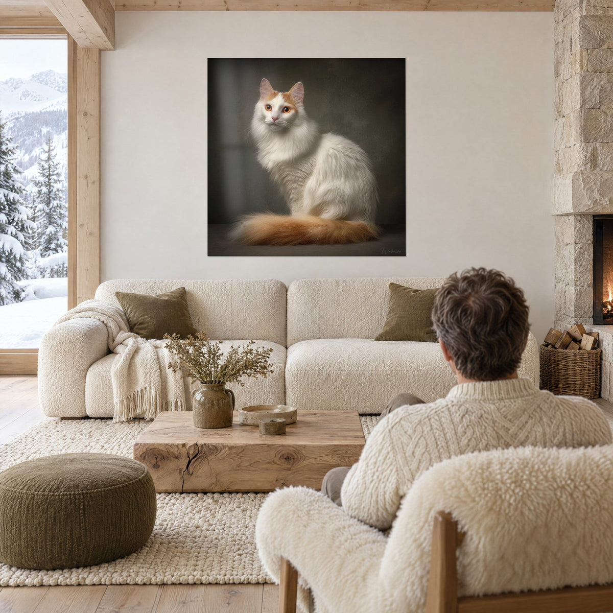 Tableau Turkish Van au pelage ivoire et roux, yeux ambrés, assis sur fond vert sombre, au-dessus d'un canapé dans un salon lumineux