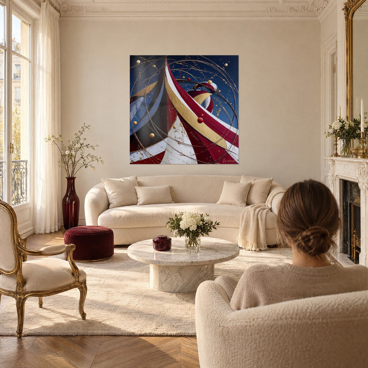 Wall art circus big top in burgundy and white, gold stripes and floating orbs on navy background, above a sofa in a bright living room