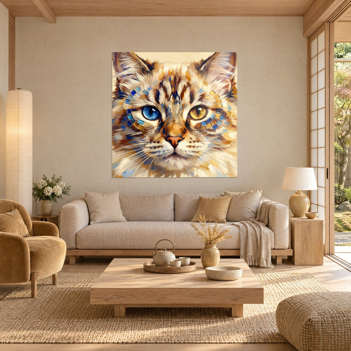 Schilderij kat met verschillende ogen, één saffierblauw en één goudkleurig amber oog, mozaïek van tesserae, boven een bank in een lichte woonkamer