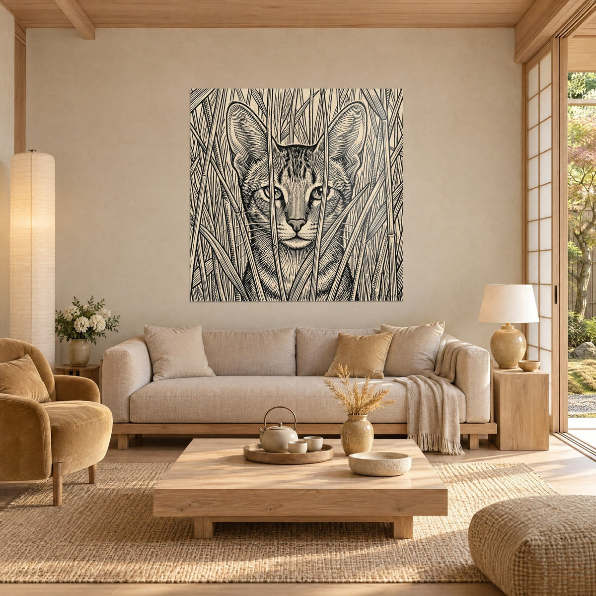 Cuadro gato chausie de grandes orejas en grabado negro sobre fondo beige, detrás de juncos, encima de un sofá en un salón luminoso