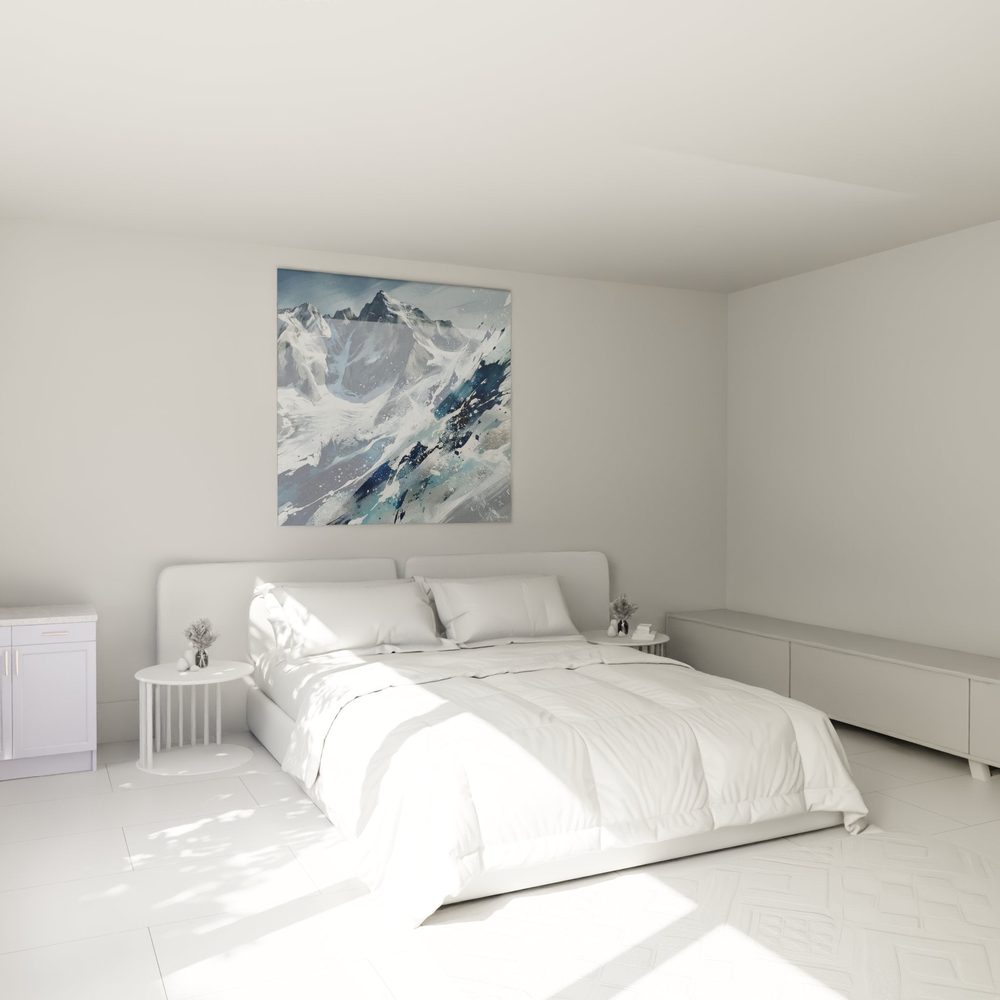 Tableau montagne enneigée accroché dans chambre moderne, décoration murale bleue et blanche apaisante