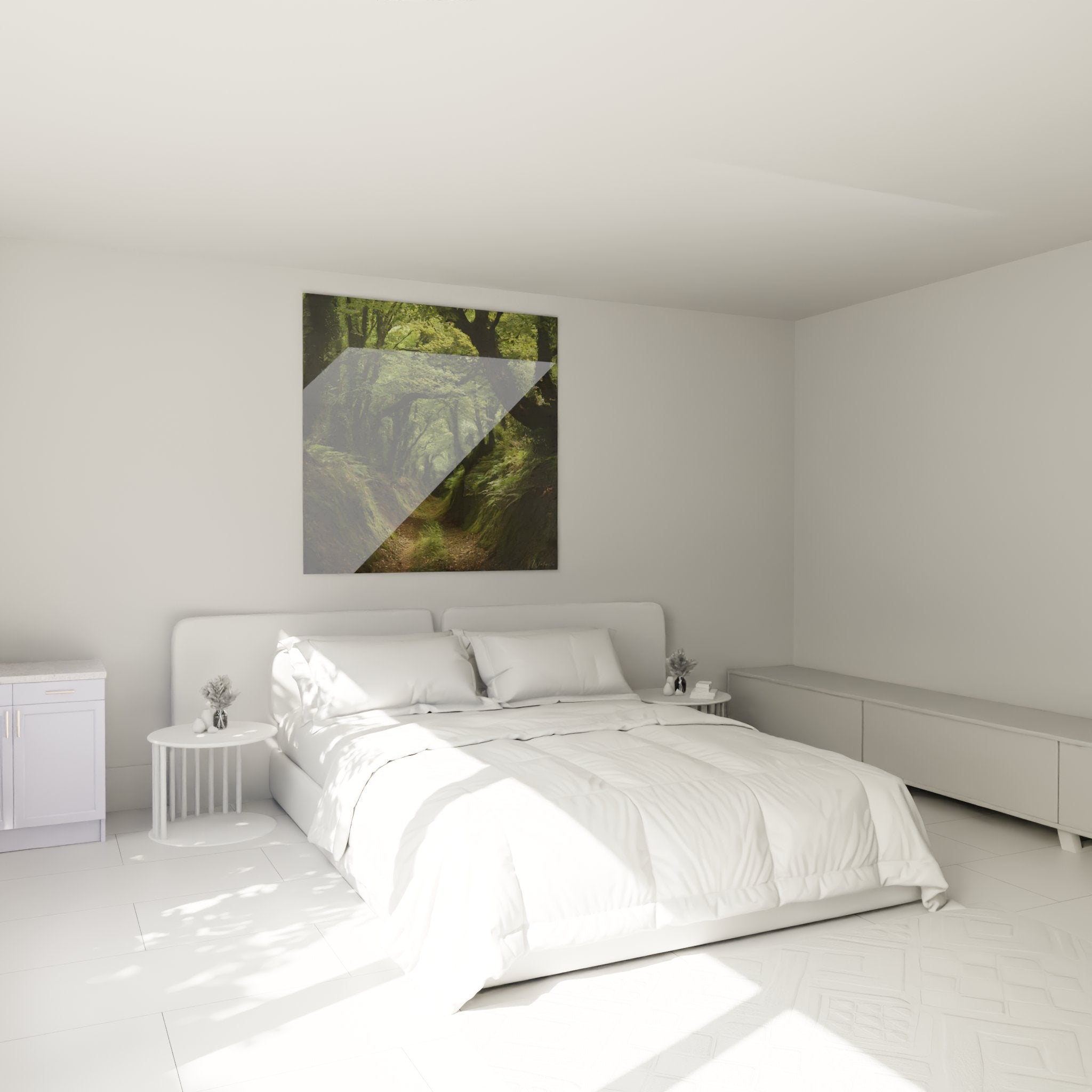 Decorazione murale sentiero forestale in camera con atmosfera naturale e rilassante stile Normandia