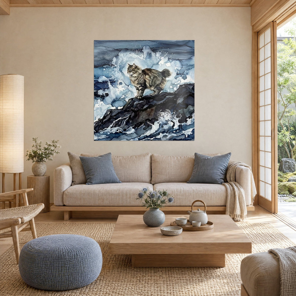 Quadro di un gatto siberiano tigrato appollaiato su una roccia nera, schiuma blu ghiacciaio, sopra un divano in un soggiorno luminoso