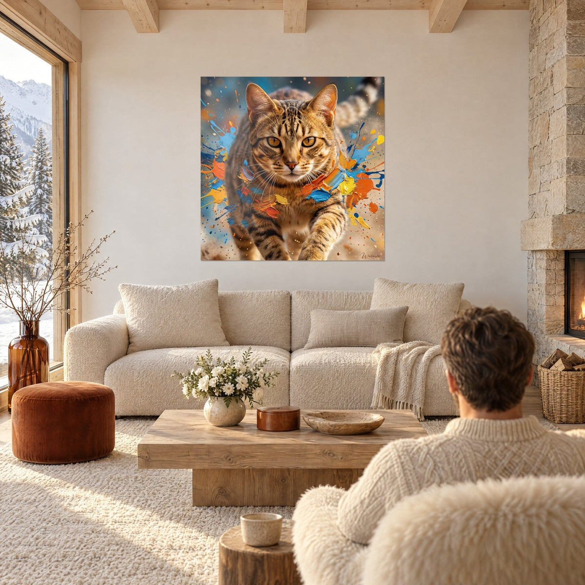 Gemälde Ocicat-Katze getigert mit bernsteinfarbenen Augen, Spritzer blauer und oranger Farbe, über einem Sofa in einem hellen Wohnzimmer
