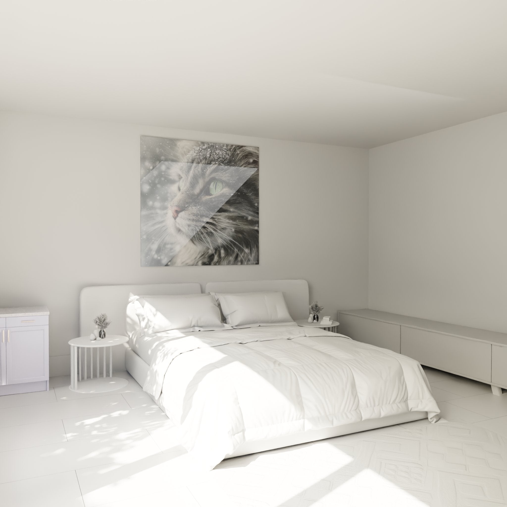 American Bobtail Katze mit grünen Augen Schnee Wandbild im modernen Schlafzimmer, beruhigende Katzen Wanddekoration