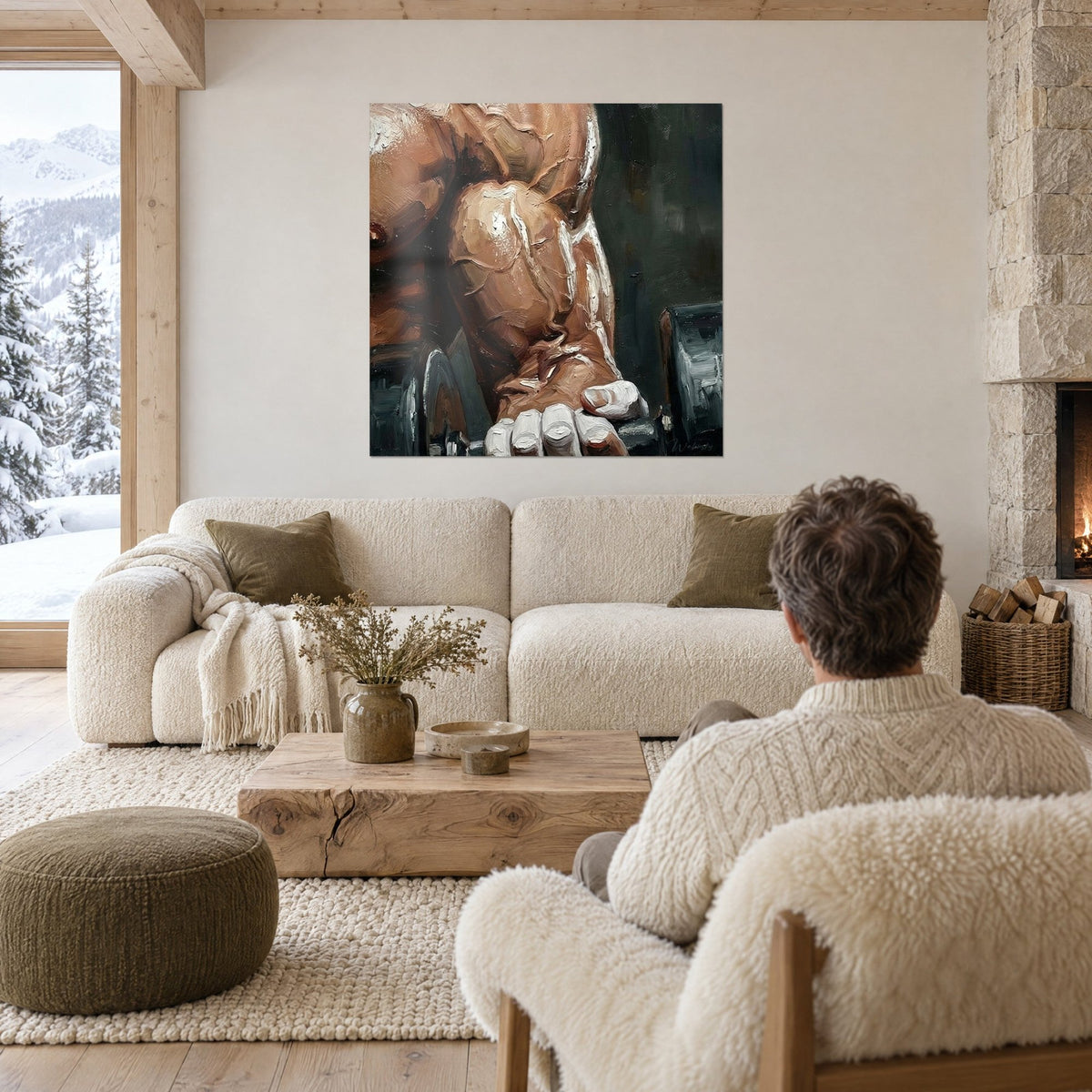 Wall art of a bodybuilder with veined biceps, ochre skin with white highlights, dark green background, above a sofa in a bright living room