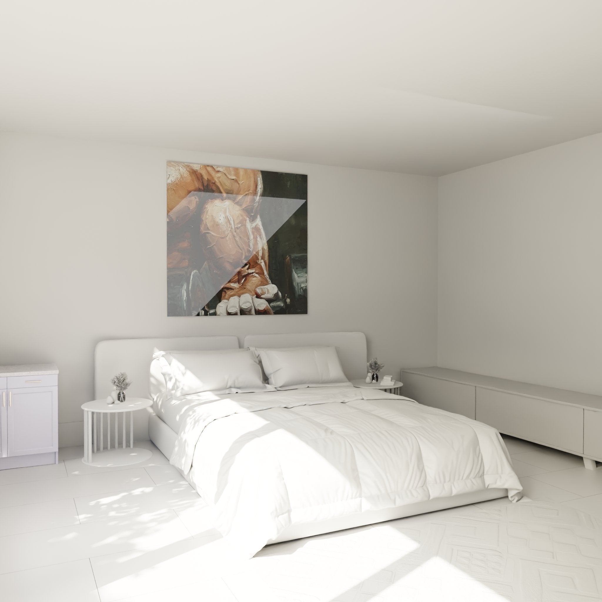 Tableau torse masculin sculptural installé dans une chambre moderne comme décoration murale fitness