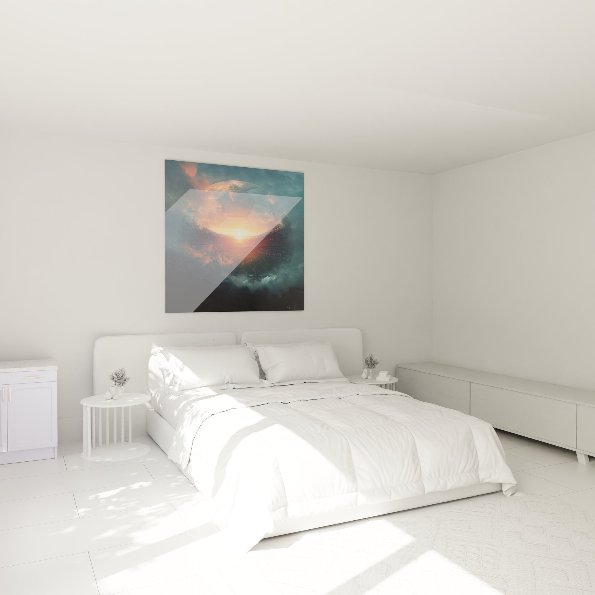 Tableau ballon football cosmique dans chambre moderne avec éclairage ambiant et décoration contemporaine