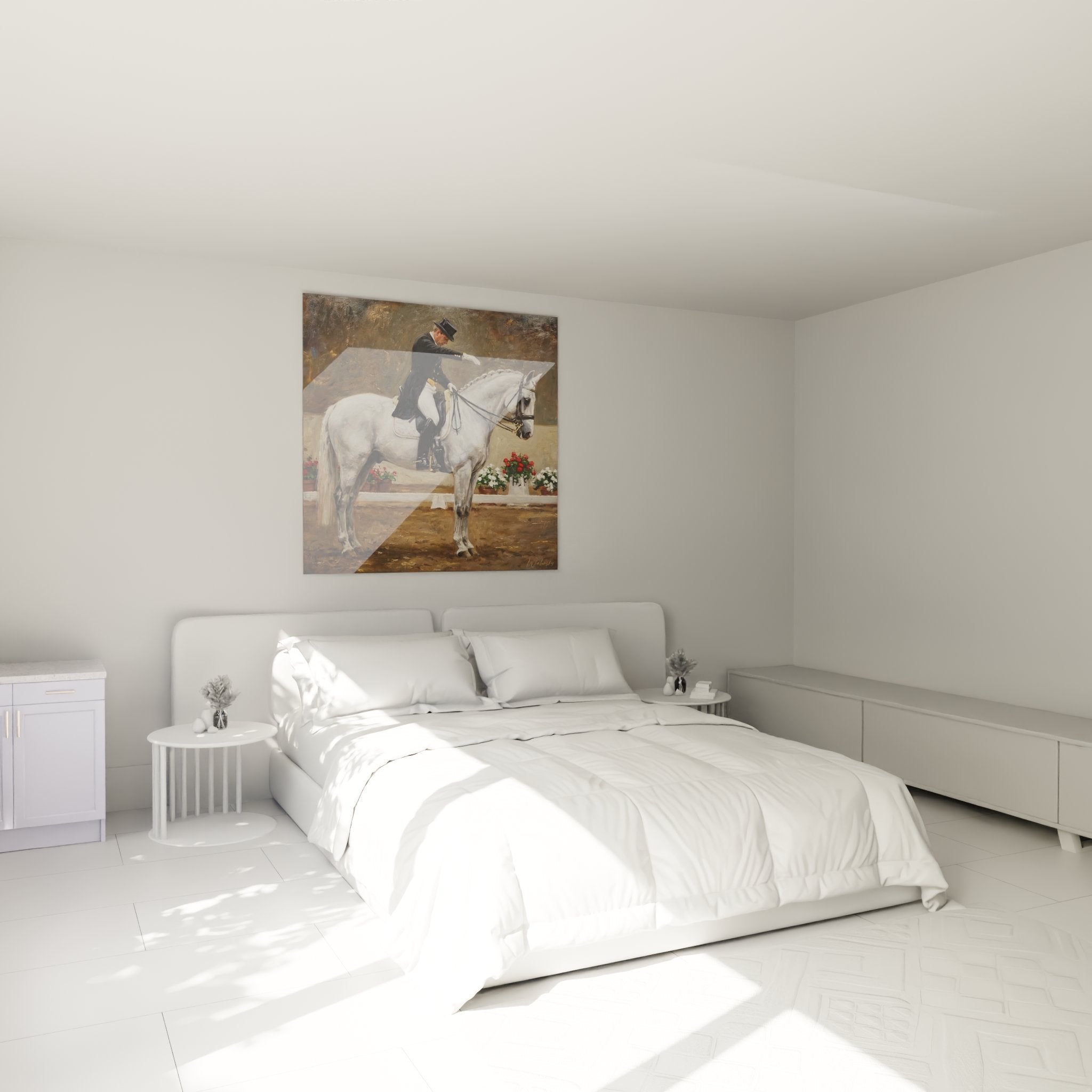 Decorazione camera quadro equestre addestramento cavallo bianco cavaliere elegante arte murale