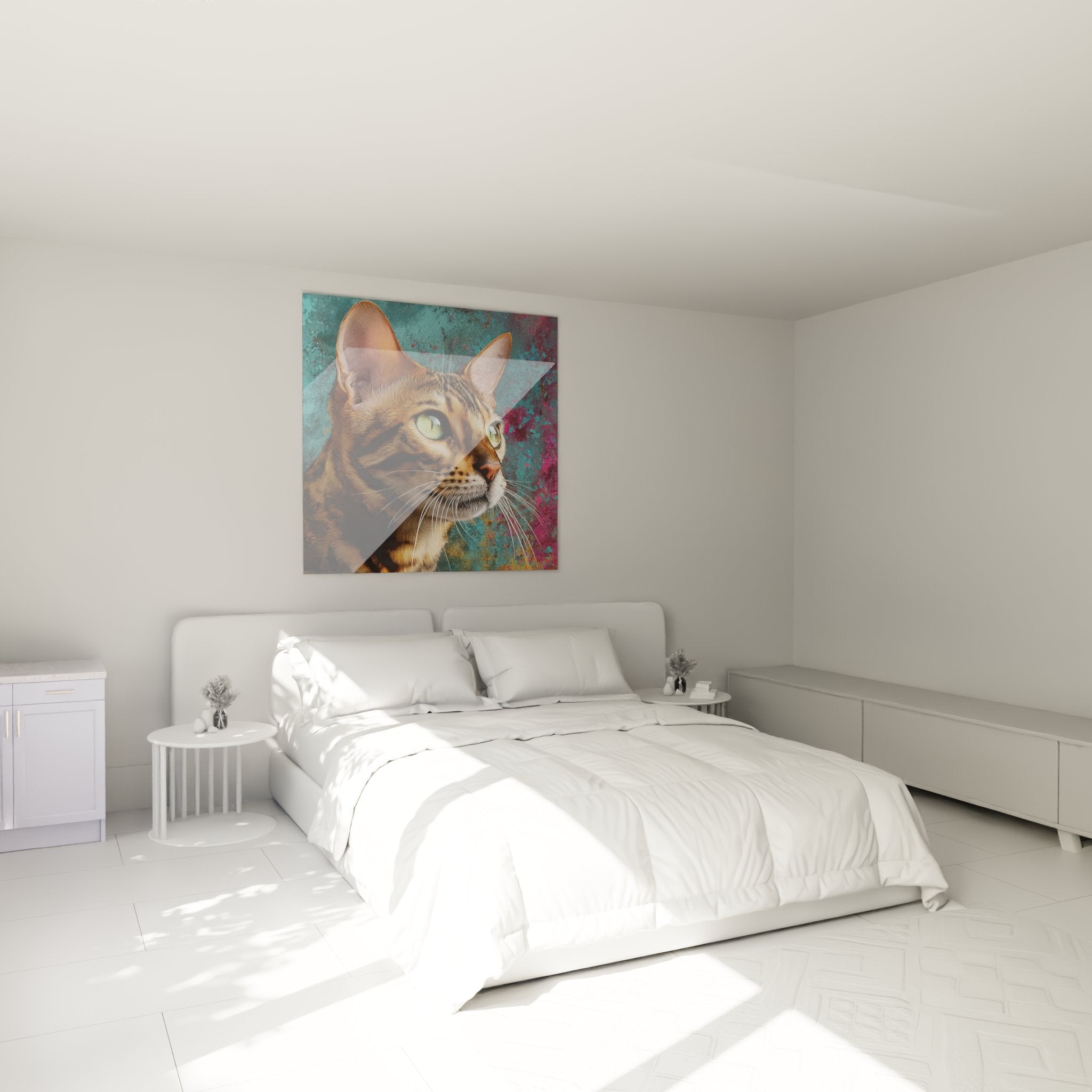 Tableau portrait chat Bengal décorant élégamment une chambre moderne aux tons neutres